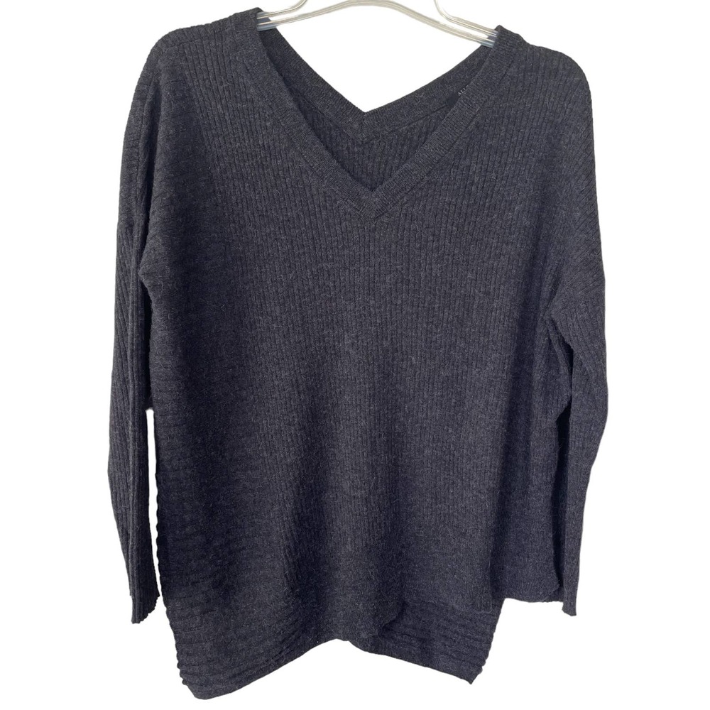 AllSaints M Asymmetrical Ribbed Gray V-Neck Sweater